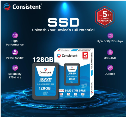 Consistent SSD 128GB 2.5 Inch SATA Internal SSD - Read: 550MB/s & Write: 500MB/s - Solid-State Drive