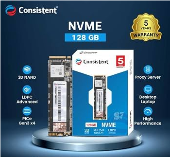 Consistent 128GB NVMe PCIe M.2 SSD 2280, 3D NAND with SLC Cache, Up to 2200MB/s